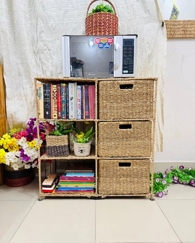 Handmade Eco-Friendly 6 Part 3 - Drawer Seagrass Wardrobe – Durable Metal Frame Storage Organizer