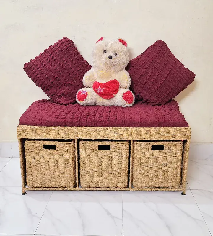 Ahiyana Premium 2-Seater Seagrass Storage Bench with Drawer Sofa Seat include Fhome and Cushion