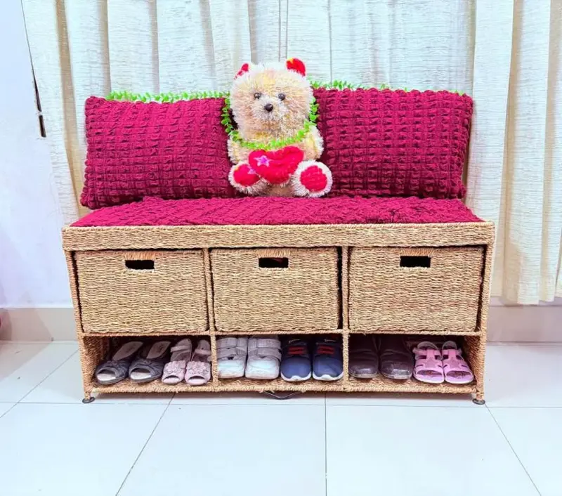 Ahiyana Premium 2-Seater Seagrass Storage Bench with Shoe Rack and Drawer Sofa Seat include Fhome and Cushion