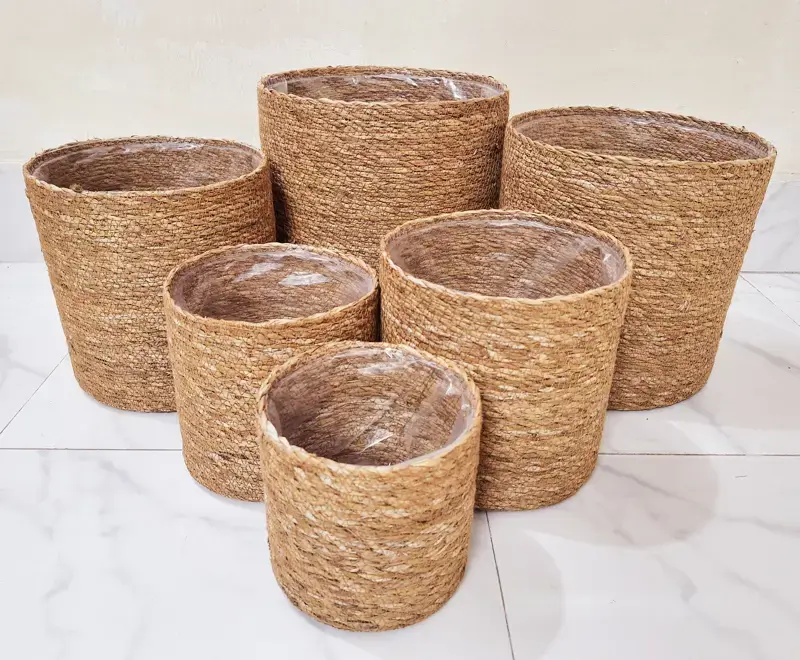 Ahiyana Eco-Friendly Natural Seagrass Planter Tub Cover Set With Plastic Lining - Thumbnail Image